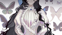  1girl black_hair bug butterfly dress eyes_out_of_frame facing_viewer gown gradient_background grey_background head_out_of_frame highres isolde_(reverse:1999) juliet_sleeves long_hair long_sleeves puffy_sleeves qidian_beilun reverse:1999 smile solo too_many too_many_butterflies upper_body wavy_hair white_background white_dress 