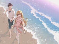  1boy 1girl bare_arms bare_legs bare_shoulders barefoot beach black_eyes black_hair black_pants blue_eyes blue_shirt bra_strap camisole closed_mouth clothes_around_waist collarbone couple dress_shirt grey_skirt hair_between_eyes hashtag-only_commentary holding_hands ikari_shinji jacket legs light_smile long_hair looking_at_another looking_to_the_side neon_genesis_evangelion ocean open_mouth orange_hair outdoors pants pants_rolled_up pink_camisole pink_jacket pleated_skirt sand shirt shirt_under_shirt skirt smile souryuu_asuka_langley thighs undershirt unihotate0329 walking waves white_shirt 