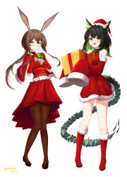  2girls :d absurdres alternate_costume amiya_(arknights) animal_ears aqua_eyes arknights artist_name ascot bare_shoulders black_shoes blush boots box brown_hair brown_pantyhose capelet christmas christmas_present closed_mouth commentary dated detached_sleeves dress elbow_gloves fang full_body fur-trimmed_boots fur-trimmed_capelet fur-trimmed_gloves fur-trimmed_headwear fur-trimmed_sleeves fur_trim gift gloves green_eyes green_tail hat heart-shaped_box highres holding holding_gift knee_boots knees_together_feet_apart long_hair looking_at_viewer mon3tr_(arknights) multiple_girls pantyhose pleated_dress red_boots red_capelet red_dress red_gloves red_hat red_sash santa_costume santa_hat sash shoes simple_background skin_fang sleeves_past_fingers sleeves_past_wrists smile standing tail white_ascot white_background yeong100 