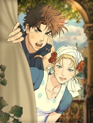  1boy 1girl after_kiss apron bandana battle_tendency behind_curtains black_gloves blonde_hair blue_eyes brown_hair caught commentary_request couple curtain_grab curtains dress earrings fingerless_gloves flower flying_sweatdrops gloves green_eyes hair_ornament hat hat_flower headscarf hetero highres jewelry jojo_no_kimyou_na_bouken joseph_joestar joseph_joestar_(young) korean_commentary legendbulhyoja lipstick lipstick_mark makeup open_mouth pillar plant polka_dot rose sleeveless sleeveless_turtleneck smeared_lipstick suzi_q sweatdrop turtleneck vines 