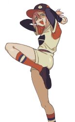  1girl baseball_cap baseball_uniform blupixl flcl haruhara_haruko hat highres leg_up looking_at_viewer open_mouth ponytail red_hair shirt shoes smile socks solo sportswear tongue tongue_out white_background 