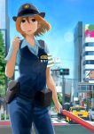  brown_eyes brown_hair cars city hat short_hair sky sweat sweating tarocyan uniform vehicle 