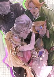  1girl 4boys armor belt black_gloves black_hat black_shirt black_tunic blank_eyes blonde_hair blue_eyes breastplate closed_eyes commentary corrupted_twitter_file curtained_hair dark_link dark_persona dress earrings elbow_gloves facial_mark fierce_deity fingerless_gloves fingernails gloves green_hat green_tunic grey_hair hand_on_another's_back hand_to_own_mouth hashtag-only_commentary hat headpiece highres jewelry leather leather_gloves link long_hair looking_at_another multiple_boys multiple_persona open_mouth parted_lips phrygian_cap pointy_ears polka_dot polka_dot_background princess_zelda sharp_fingernails shirt short_hair shoulder_pads smile sparkle sparkling_aura sweatdrop the_legend_of_zelda the_legend_of_zelda:_majora's_mask the_legend_of_zelda:_ocarina_of_time time_paradox togenasi_furiko tunic very_long_hair white_hat white_shirt young_link 