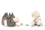  1boy animalization candy child eyepatch food gift heart-shaped_box highres hood japanese_clothes male_focus nao_(naopopopo) necktie ookurikara sack shokudaikiri_mitsutada squatting tonari_no_totoro totoro touken_ranbu tsurumaru_kuninaga white_hair yellow_eyes younger 