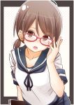  1girl 2017 adjusting_glasses bangs book breasts brown_eyes brown_hair collarbone collared_shirt commentary_request dated fujisaki_yuu_(faint_wistaria) glasses hair_between_eyes holding holding_book kantai_collection long_hair low_twintails neck_ribbon neckerchief open_mouth parted_bangs pleated_skirt polka_dot polka_dot_background red-framed_eyewear ribbon round_teeth school_uniform serafuku shirayuki_(kantai_collection) shirt short_twintails skirt solo teeth twintails twitter_username 