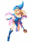  1girl artist_request bare_shoulders blonde_hair blue_boots blush blush_stickers boots breasts choker cleavage dark_magician_girl duel_monster green_eyes hat large_breasts long_hair pentacle smile solo staff wizard_hat yu-gi-oh! yuu-gi-ou_duel_monsters 
