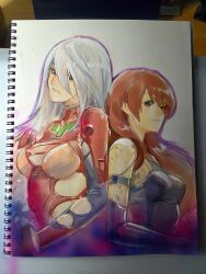  2girls a2_(nier:automata) a2_(nier:automata)_(cosplay) bodysuit breasts brown_hair commentary cosplay costume_switch crossover english_commentary evangelion:_3.0+1.0_thrice_upon_a_time grey_hair hair_down highres mecha_pilot_suit mole mole_under_mouth multiple_girls neon_genesis_evangelion nier:automata nier_(series) plugsuit_(evangelion) rebuild_of_evangelion red_bodysuit rodrigo_yoshimiya souryuu_asuka_langley souryuu_asuka_langley_(cosplay) torn_bodysuit torn_clothes traditional_media upper_body 