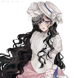  1girl :d arms_behind_back artist_name ayume_(990877) black_hair bow dress gown hat hat_bow highres isolde_(reverse:1999) juliet_sleeves long_hair long_sleeves looking_at_viewer open_mouth puffy_sleeves reverse:1999 smile solo upper_body veil very_long_hair violet_eyes wavy_hair white_background white_dress white_hat white_veil 