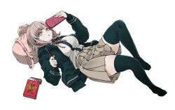  1girl backpack bag black_thighhighs blunt_bangs brand_name_imitation breasts brown_hair brown_skirt cardigan commentary_request danganronpa_(series) danganronpa_2:_goodbye_despair flipped_hair food full_body green_cardigan hand_up handheld_game_console highres holding holding_food holding_handheld_game_console holding_pocky large_breasts lying medium_hair miniskirt nanami_chiaki neck_ribbon no_shoes on_back open_cardigan open_clothes open_mouth partial_commentary pink_bag pink_eyes pink_ribbon pleated_skirt pocky ribbon sakayama_shinta shirt simple_background skirt sleeves_past_wrists solo teeth thigh-highs thighs upper_teeth_only white_background white_shirt zettai_ryouiki 