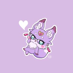  :3 adjusting_eyewear aqua_eyes commentary earrings fairy floating floating_earrings fox glasses heart heart-shaped_blush_stickers highres jewelry kuma_pan01 looking_at_viewer mashu-tan meitantei_precure! open_mouth precure purple_background purple_fur smile 