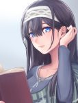  1girl adjusting_hair black_hair blue_eyes blush book hairband highres holding holding_book idolmaster idolmaster_cinderella_girls jewelry long_hair monotiina necklace pendant sagisawa_fumika shawl solo 