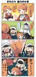  4koma 5girls animal_ears aquila_(kantai_collection) arms_up battleship_hime bell biting black_hair blank_eyes blue_hair breasts capelet chair chibi closed_eyes comic desk dog_ears dog_tail epaulettes female_admiral_(kantai_collection) gloves graf_zeppelin_(kantai_collection) hair_ornament hairclip hand_on_hip hat highres jacket jingle_bell kantai_collection large_breasts long_hair lying military military_hat military_uniform multiple_girls necktie on_stomach one_eye_closed open_mouth orange_hair peaked_cap ponytail puchimasu! red_eyes shinkaisei-kan sidelocks sitting smile sparkle sweatdrop tail tail_wagging thigh-highs translation_request trembling twintails uniform waving yuureidoushi_(yuurei6214) 