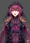  1girl absurdres aka_(hwdllht) armor blush bodysuit breasts fate/grand_order fate_(series) gae_bolg gloves highres jewelry long_hair looking_up purple_bodysuit purple_hair red_eyes scathach_(fate/grand_order) shoulder_armor smile solo veil 