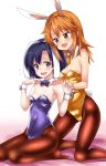  2girls animal_ears black_hair bow bowtie brown_eyes brown_legwear bunny_tail bunnysuit detached_collar gokubuto_mayuge gold_leotard idolmaster idolmaster_cinderella_girls kneeling leotard long_hair multiple_girls necktie orange_hair pantyhose purple_bow purple_bowtie purple_leotard rabbit_ears shiragiku_hotaru short_hair sitting strapless strapless_leotard tail wariza white_background wrist_cuffs yellow_necktie yuuki_haru 