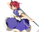  1girl coin dress grin hair_bobbles hair_ornament hasebe_yuusaku looking_at_viewer obi onozuka_komachi puffy_sleeves red_eyes redhead sash scythe short_sleeves simple_background smile solo touhou two_side_up white_background 