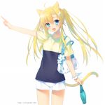  1girl :d ahoge animal_ears aqua_eyes blonde_hair bottle cat_ears cat_tail drink fang flower hair_flower hair_ornament hairclip holding holding_bottle open_mouth original pointing sakura_neko scrunchie shirt short_shorts shorts smile t-shirt tail twintails watermark web_address wrist_scrunchie 