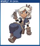  1girl bandaid bandaid_on_nose black_eyes boots borrowed_character brown_boots brown_gloves dark_skin full_body gloves hair_bun hood jacket mary_cagle original pouch smile solo white_hair wrench 