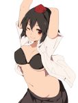  1girl arms_up black_hair blush bra breasts grin hasebe_yuusaku hat looking_at_viewer midriff navel one_eye_closed open_clothes open_shirt red_eyes shameimaru_aya shirt short_hair short_sleeves simple_background skirt smile solo stretch tokin_hat touhou underwear upper_body white_background 