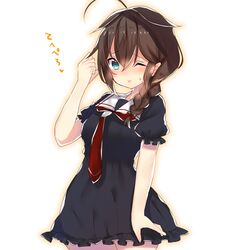  1girl ;p adapted_costume ahoge blue_eyes blush braid brown_hair cowboy_shot hair_flaps kantai_collection necktie one_eye_closed shigure_(kantai_collection) solo tongue tongue_out touko_(toukoneko) white_background 