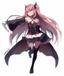  1girl bare_shoulders black_dress black_legwear boots chiiririn choker detached_sleeves dress full_body hair_ornament krul_tepes long_hair looking_at_viewer owari_no_seraph pink_hair pointy_ears red_eyes signature smile solo thigh-highs thigh_boots two_side_up vampire very_long_hair wide_sleeves 
