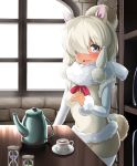  1girl absurdres alpaca_ears alpaca_suri animal_ears blonde_hair blue_eyes breasts cup fur_collar fur_trim hair_over_one_eye highres hitotsuki_nebura kemono_friends long_sleeves looking_at_viewer open_mouth short_hair sidelocks smile solo tail teacup teapot 