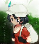  1girl backpack bag black_gloves black_hair blush breasts bucket_hat cleavage dripping gloves hair_between_eyes hat hat_feather heavy_breathing hot kaban kemono_friends looking_at_viewer mudou_eichi open_mouth shirt short_hair solo sweat sweating t-shirt translated wavy_hair wet wet_clothes 