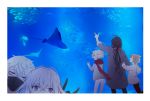  5boys ahoge animal_hood aquarium bear_hood black_gloves black_hair brown_eyes brown_hair fish fox_shadow_puppet gloves gokotai highres hinapippi honebami_toushirou hood hoodie houchou_toushirou male_focus manta_ray mask multiple_boys nakigitsune namazuo_toushirou open_mouth pants plaid plaid_pants pointing ponytail scarf smile touken_ranbu violet_eyes white_hair yellow_eyes 