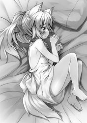  1girl animal_ears backless_dress backless_outfit barefoot blush child dog_ears dog_tail dress fetal_position hair_ribbon long_hair lying monochrome on_bed on_side original panties pillow ponytail ribbon sad tail tears toba_hiyoko 