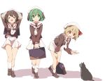  3girls alternate_costume animal animal_ears bent_over blonde_hair brown_hair cat closed_eyes full_body green_eyes green_hair hair_ornament hair_ribbon hasebe_yuusaku hat inaba_tewi kasodani_kyouko long_sleeves looking_at_another miniskirt multiple_girls open_mouth rabbit_ears red_eyes ribbon rumia sailor_collar school_uniform serafuku shirt shoes short_hair simple_background skirt smile socks touhou white_background white_legwear 