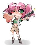  1girl boned_meat boots crop_top eating firearm food green_eyes gun handgun highres meat metal_slug midriff nadia_cassel navel one_eye_closed pink_hair shinapuu short_sleeves shorts solo trigger_discipline twintails vest weapon 