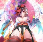  1girl :q artist_name bangs bird black_hair black_wings blush breasts chick closed_mouth cowboy_shot feathered_wings from_below happy_new_year hat holding holding_umbrella japanese_clothes kourindou_tengu_costume large_breasts looking_at_viewer mask mask_on_head natsuki_(ukiwakudasai) new_year oriental_umbrella pointy_ears red_eyes shameimaru_aya short_hair signature smile solo tengu_mask thighs tokin_hat tongue tongue_out touhou umbrella wings year_of_the_rooster 