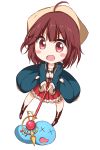  1girl ahoge atelier_(series) atelier_sophie blush brown_eyes brown_hair chibi commentary_request hair_ornament hat highres holding long_sleeves looking_at_viewer numpopo open_mouth short_hair skirt smile solo sophie_neuenmuller x_x 