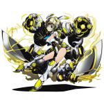  1girl armor armored_boots blade blonde_hair blue_eyes blue_necktie boots breasts cleavage collarbone divine_gate full_body kikai_musume leotard looking_at_viewer mecha_muse mecha_musume medium_breasts necktie official_art raikou_(kikai_musume) shadow short_necktie shorth_air solo transparent_background ucmm 