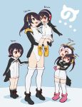  5girls bird black_hair breasts emperor_penguin_(kemono_friends) gentoo_penguin_(kemono_friends) hair_over_one_eye headphones highres humboldt_penguin_(kemono_friends) japari_symbol kemono_friends leotard multiple_girls nakashima_(middle_earth) penguin rockhopper_penguin_(kemono_friends) royal_penguin_(kemono_friends) simple_background size_comparison thigh-highs white_leotard 