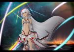  1girl altera_(fate) armor bangs bare_shoulders black_nails choker dark_skin eyebrows_visible_through_hair fate/extella fate/extra fate/grand_order fate_(series) holding holding_weapon looking_up nail_polish open_mouth rainbow red_eyes short_hair silver_hair solo sword tattoo veil weapon white_hair 