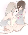  2girls backless_outfit bag bangs bare_back between_breasts blue_eyes blush breasts brown_eyes brown_hair dress girls_und_panzer grey_sweater hand_between_breasts itsumi_erika kneeling looking_at_another meme_attire multiple_girls naked_sweater nishizumi_maho open-back_dress seiza short_hair sideboob silver_hair sitting sweatdrop sweater sweater_dress translated turtleneck turtleneck_sweater virgin_killer_sweater wata_do_chinkuru white_background 