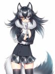  1girl animal_ears black_jacket black_legwear breasts fur_collar glasses gloves grey_wolf_(kemono_friends) hattori_masaki jacket kemono_friends large_breasts long_hair looking_at_viewer miniskirt multicolored_hair necktie open_clothes open_jacket pleated_skirt shiny shiny_skin simple_background skindentation skirt solo standing tail thigh-highs two-tone_hair white_background white_gloves wolf_ears wolf_tail zettai_ryouiki 