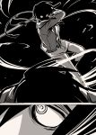  2boys absurdres close-up comic drifters formal greyscale highres horikawa_kunihiro jumping male_focus monochrome multiple_boys ringed_eyes rope shaded_face shimazu_toyohisa suit sword touken_ranbu weapon yuuma_(u-ma) 