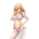  108_gou 1girl belt blonde_hair blue_eyes blush breast_pocket breasts cleavage collarbone cowboy_shot drill_hair hair_over_one_eye hand_on_hip large_breasts long_hair looking_at_viewer midriff mouth_hold navel open_fly oriana_thomason paper pocket simple_background sleeves_rolled_up smile solo stomach to_aru_majutsu_no_index uchi_no_hime-sama_ga_ichiban_kawaii unbuckled_belt unbuttoned under_boob undone_belt 