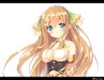  1girl armlet artist_name bare_shoulders blonde_hair blue_eyes blush breasts ciel_nosurge cleavage flower hair_flower hair_ornament ionasal_kkll_preciel letterboxed long_hair looking_at_viewer medium_breasts peko simple_background smile solo surge_concerto upper_body white_background 