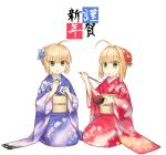  1girl :t ahoge alle_gro artoria_pendragon_(all) bangs blonde_hair blue_flower blue_kimono camellia_(flower) closed_mouth eating eyebrows_visible_through_hair fate/extra fate/stay_night fate_(series) flower food furisode green_eyes hair_flower hair_intakes hair_ornament happy_new_year holding holding_chopsticks holding_food japanese_clothes kimono mochi nengajou nero_claudius_(fate) nero_claudius_(fate)_(all) new_year obi onigiri red_flower red_kimono saber saber_extra sash seiza short_hair short_hair_with_long_locks sidelocks simple_background sitting solo translated wagashi white_background zouni_soup 