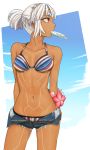  1girl altera_(fate) arms_behind_head bikini blue_shorts breasts cleavage dark_skin denim denim_shorts fate/extella fate/extra fate_(series) flower food full_body_tattoo i-pan navel ponytail popsicle red_eyes revision shorts solo swimsuit tattoo white_hair 