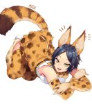  1girl :d animal_ears blue_hair cat_ears cat_tail cosplay elbow_gloves gloves half-closed_eyes highres jjune kemono_friends naughty_face open_mouth serval_(kemono_friends) serval_(kemono_friends)_(cosplay) serval_ears serval_print serval_tail simple_background smile solo tail thigh-highs white_background yellow_eyes 