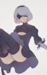 1girl android ass blindfold boots breasts cleavage cleavage_cutout drag-on_dragoon dress feather-trimmed_sleeves gloves grey_background hair_over_one_eye highres juliet_sleeves long_sleeves mole mole_under_mouth nier_(series) nier_automata panties pantyshot puffy_sleeves shii_(luochen_xi) short_hair simple_background smile solo thigh-highs thigh_boots underwear white_hair yorha_no._2_type_b 