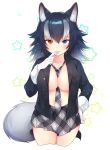  1girl animal_ears arare_mochiko between_breasts black_hair blue_eyes breasts collarbone gloves grey_wolf_(kemono_friends) hand_on_hip heterochromia kemono_friends large_breasts long_hair long_sleeves looking_at_viewer multicolored_hair necktie open_clothes open_mouth open_shirt pleated_skirt shirt skirt solo tail two-tone_hair wolf_ears wolf_tail yellow_eyes 