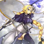  1girl armor armored_dress bangs banner blonde_hair blue_eyes braid breasts dress enchuu fate/apocrypha fate/grand_order fate_(series) floating_hair gloves headpiece holding holding_weapon long_hair looking_at_viewer ruler_(fate/apocrypha) smile solo standing very_long_hair weapon 