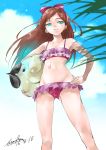  1girl ass bikini blue_eyes blue_sky bow brown_hair clouds dragon_quest dragon_quest_x earrings hair_bow hand_on_hip himiko_(326ontheweb) jewelry long_hair looking_at_viewer navel purple_bikini sky solo swimsuit 