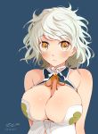  1girl adapted_costume alternate_hairstyle asymmetrical_hair bare_shoulders blue_background breasts cleavage cleavage_cutout cloud_print halterneck highres kantai_collection large_breasts looking_at_viewer short_hair silver_hair tebi_(tbd11) unryuu_(kantai_collection) wavy_hair yellow_eyes 