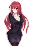  1girl absurdres bangs blush breasts business_suit cleavage covered_navel fate/grand_order fate_(series) formal hair_between_eyes highres long_hair looking_to_the_side pantyhose purple_hair red_eyes rei-chan scathach_(fate/grand_order) solo suit 