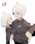  1boy 1girl android black_clothes blue_eyes blush breasts buttons carrying character_name choker cleavage_cutout female genderswap genderswap_(ftm) genderswap_(mtf) gloves highres jacket light_smile long_sleeves looking_at_another male mole mole_under_mouth nier_(series) nier_automata princess_carry shii_(luochen_xi) short_hair shorts simple_background thigh-highs white_background white_hair yorha_no._2_type_b yorha_no._9_type_s 